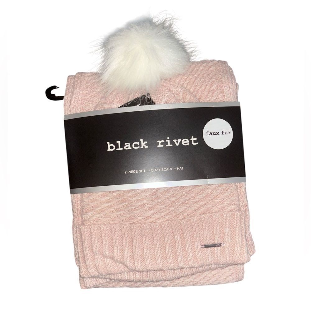 Black Rivet Blush Cozy Scarf + Hat 2 Piece Set Faux Fur
